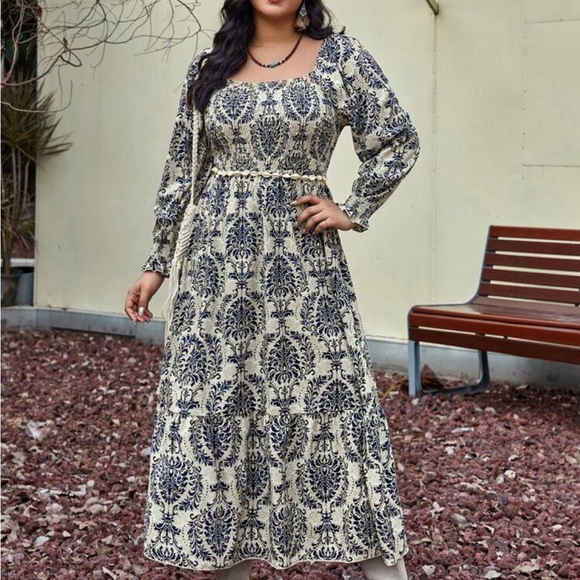 Boho Plus Size Damask Print Smock Maxi Dress Without Belt - Picture 4 of 5